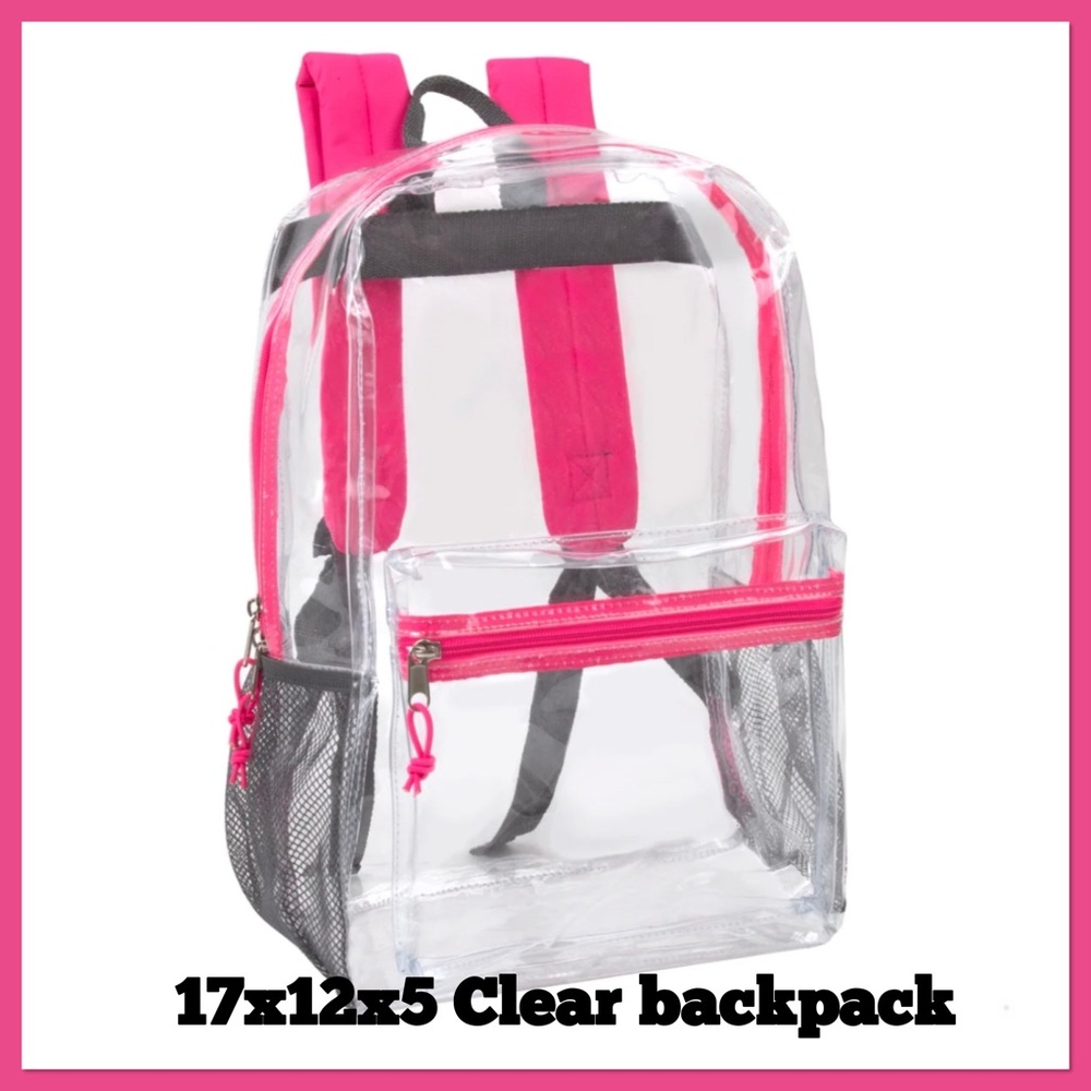 17x12x5 clear backpacks with assorted trim colors.